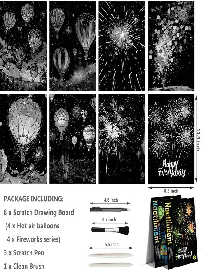 VTEAS 8 Sheet Noctilucent Scratch Art Rainbow Painting Paper with Pen/Cleaning Brush, Glow in The Dark Engraving Scratchboard(A4) for Teens & Adults, Sketch Card Creative DIY Craft (Fireworks) - Image 3