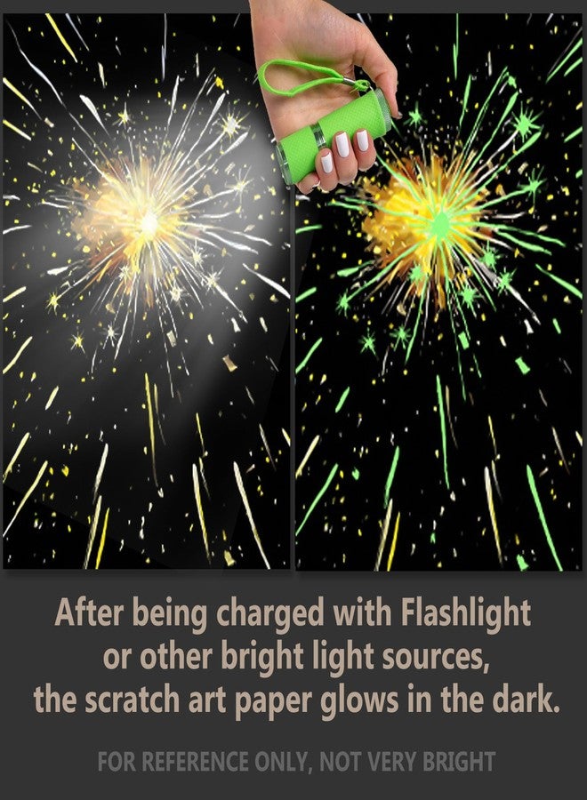 VTEAS 8 Sheet Noctilucent Scratch Art Rainbow Painting Paper with Pen/Cleaning Brush, Glow in The Dark Engraving Scratchboard(A4) for Teens & Adults, Sketch Card Creative DIY Craft (Fireworks) - Image 2