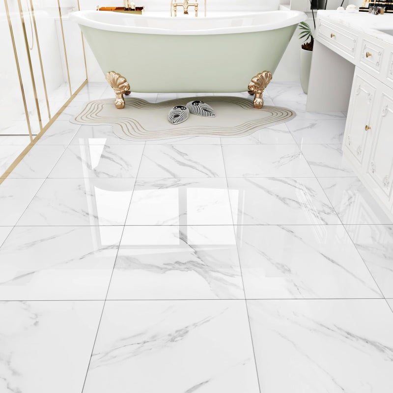 WESTICK White Marble Peel and Stick Floor Tile Bathroom Self Adhesive Floor Tiles Peel and Stick Waterproof Kitchen Flooring Tiles Removable Marble Tile for Bedroom Living Room Camper 5 Pcs 12 x 12