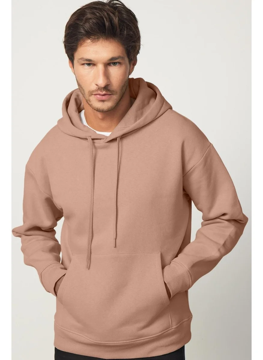 Tudors Unisex Oversize Wide Cut Cotton Soft Textured Polar Fleece Basic Mink Color Hooded Sweatshirt