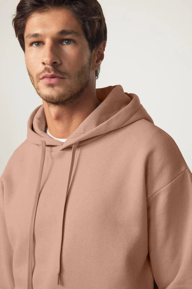 Tudors Unisex Oversize Wide Cut Cotton Soft Textured Polar Fleece Basic Mink Color Hooded Sweatshirt