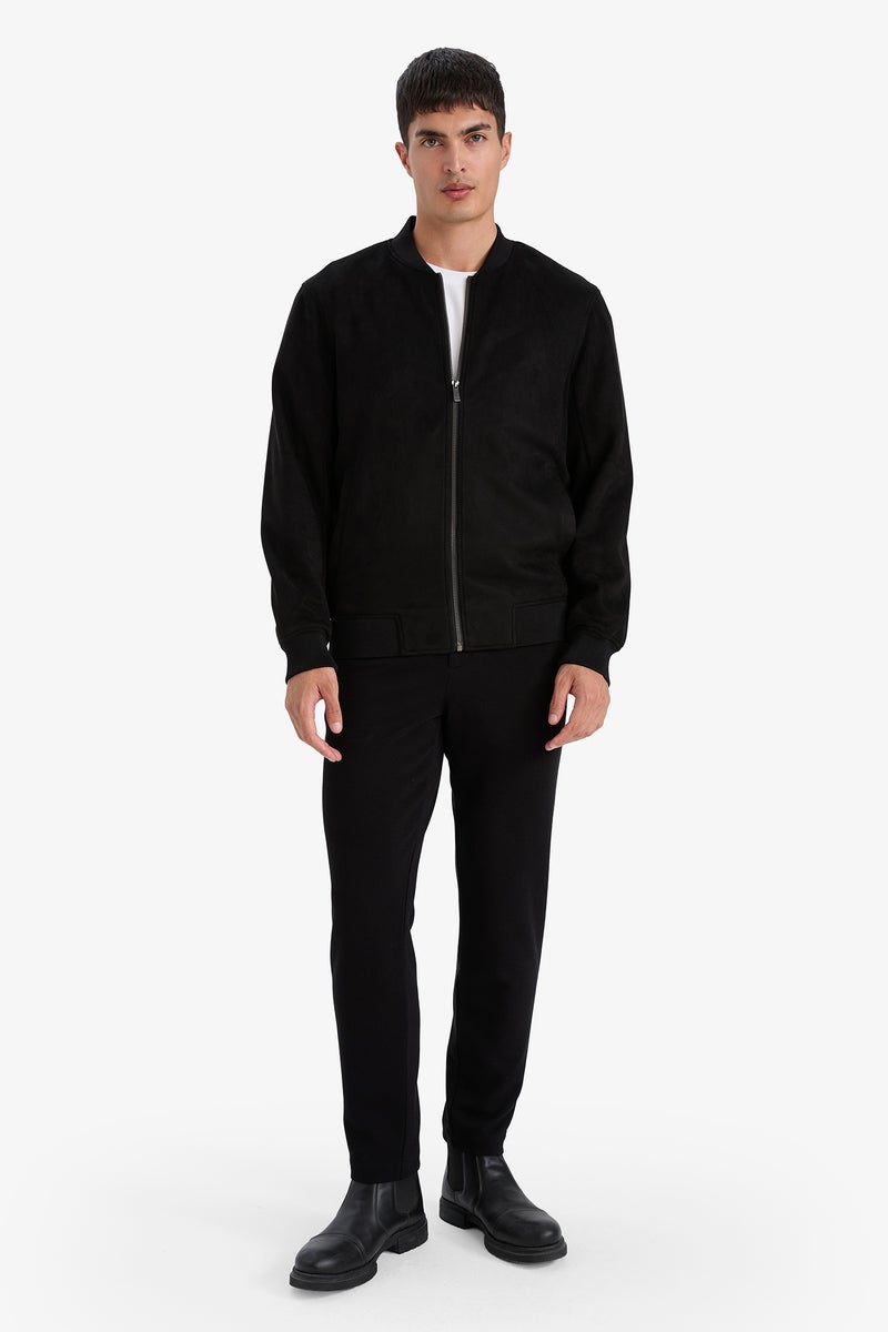 DeFacto Black Man Slim Fit Zippered Lined Suede Bomber Jacket Casual - Image 2