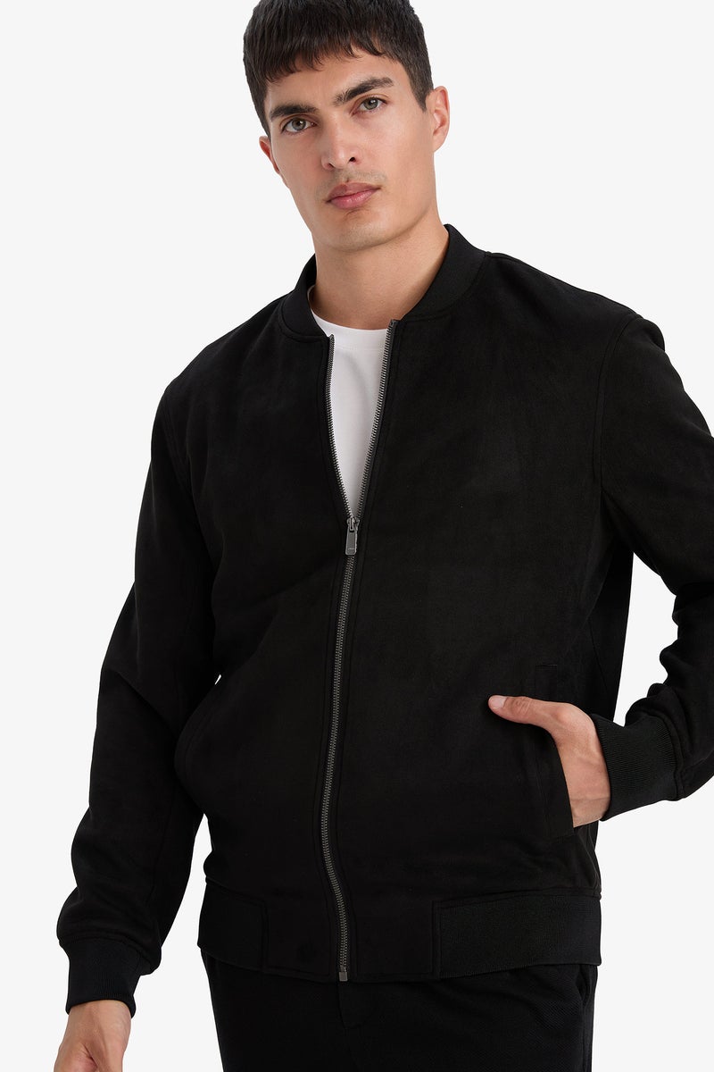 DeFacto Black Man Slim Fit Zippered Lined Suede Bomber Jacket Casual - Image 3