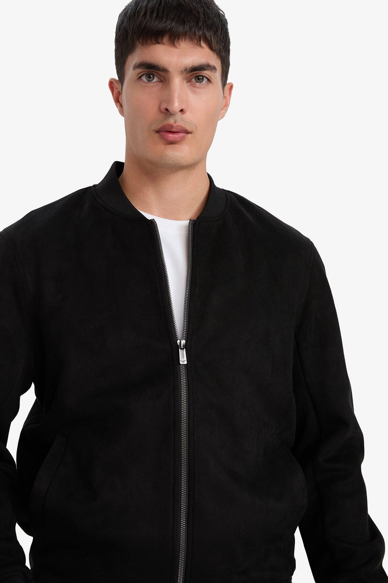 DeFacto Black Man Slim Fit Zippered Lined Suede Bomber Jacket Casual - Image 4