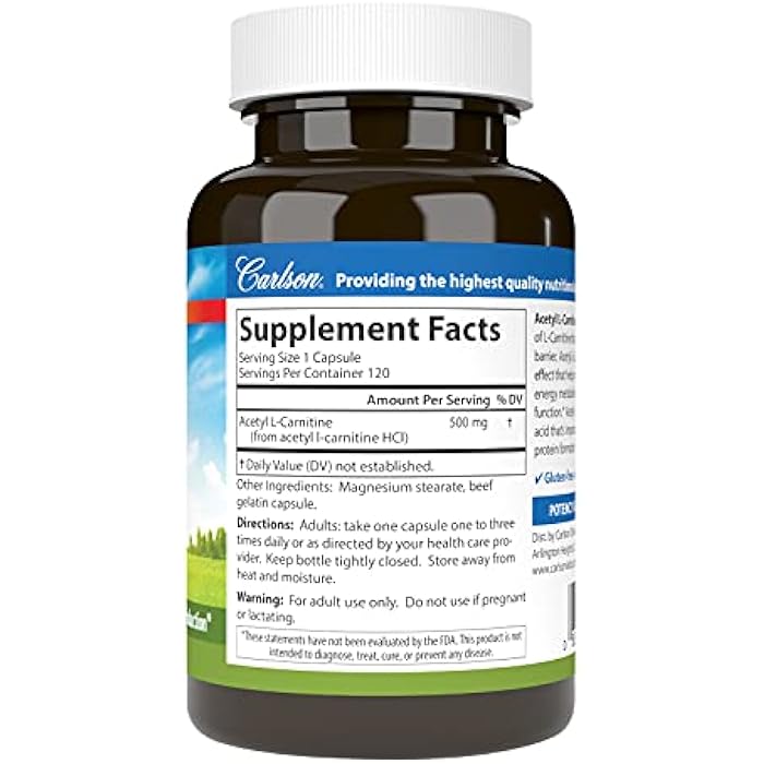 Carlson - Acetyl L-Carnitine, 500 mg, Cognitive Health, Brain Function & Energy Production, 120 Capsules - Image 2