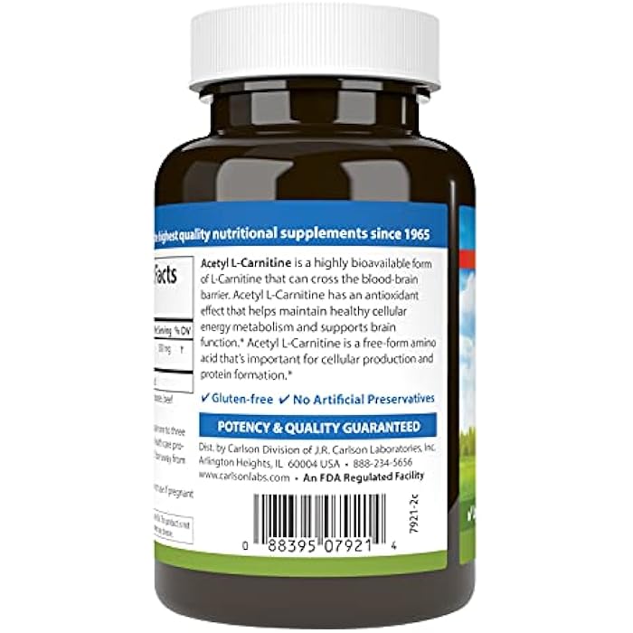 Carlson - Acetyl L-Carnitine, 500 mg, Cognitive Health, Brain Function & Energy Production, 120 Capsules - Image 3