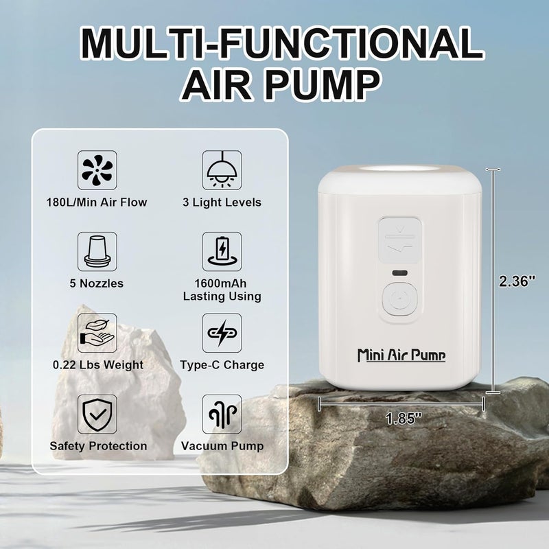 Puligoth Portable Air Pump for Inflatables: Mini Air Pump with 1600mAh Battery & Camping Light - Rechargeable Electric Pump for Vacuum Storage Bags, Air Mattress, Swimming Ring, Pool Floats - Image 2