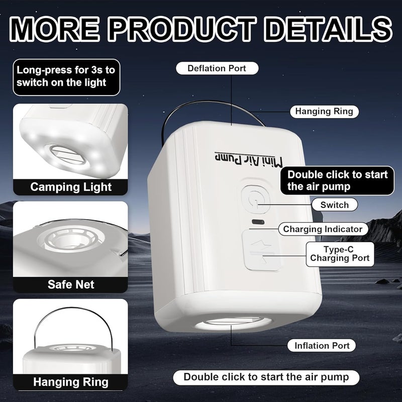 Puligoth Portable Air Pump for Inflatables: Mini Air Pump with 1600mAh Battery & Camping Light - Rechargeable Electric Pump for Vacuum Storage Bags, Air Mattress, Swimming Ring, Pool Floats - Image 5