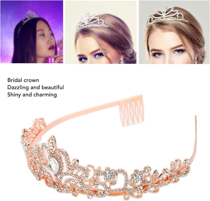 klarako Bridal Crown, Elegant Princess Crown Rhinestone Elegant Glittering Wedding Princess Crown for Halloween Rose Gold - Image 4
