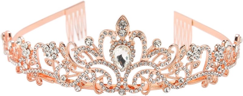 klarako Bridal Crown, Elegant Princess Crown Rhinestone Elegant Glittering Wedding Princess Crown for Halloween Rose Gold - Image 1