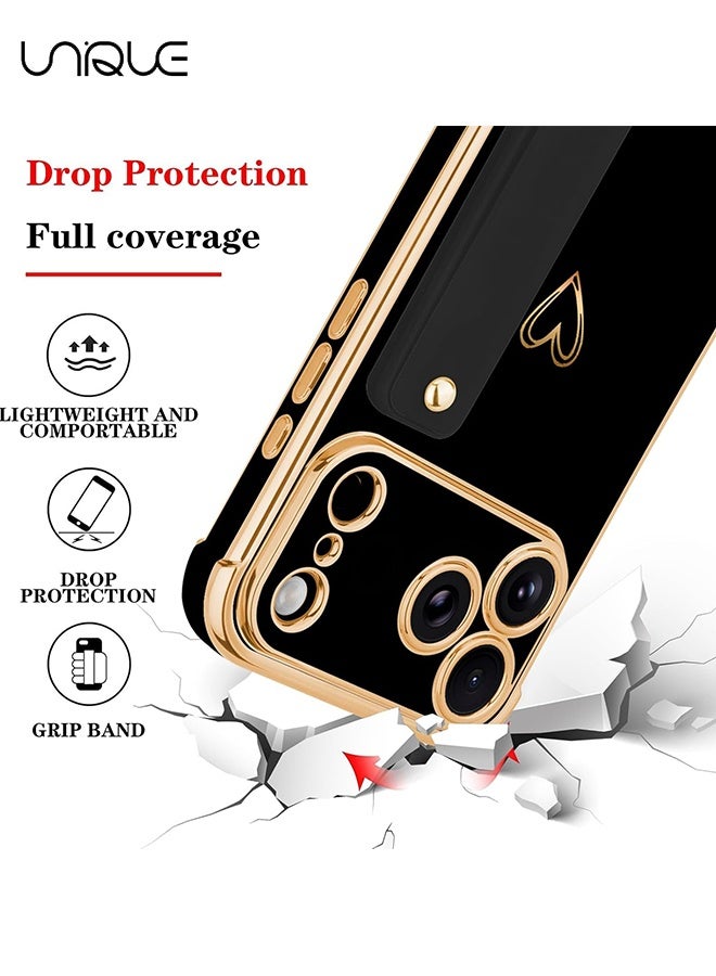 يونيك متوافق مع غطاء iPhone 17 Pro - حزام معصم قابل للتعديل مع حامل - واقي فاخر مطلي بالذهب بشكل قلب لطيف - حواف مرتفعة للحماية من الصدمات لهاتف iPhone 17 Pro - غطاء واقٍ للنساء والرجال - أسود - Image 2