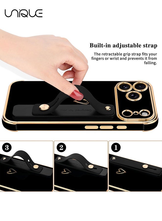 يونيك متوافق مع غطاء iPhone 17 Pro - حزام معصم قابل للتعديل مع حامل - واقي فاخر مطلي بالذهب بشكل قلب لطيف - حواف مرتفعة للحماية من الصدمات لهاتف iPhone 17 Pro - غطاء واقٍ للنساء والرجال - أسود - Image 5