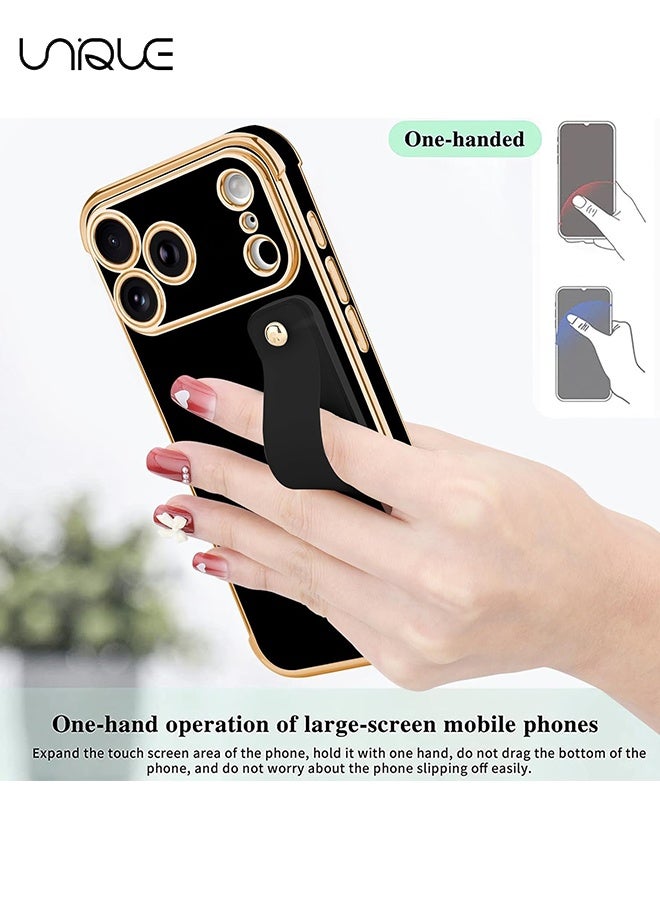 يونيك متوافق مع غطاء iPhone 17 Pro - حزام معصم قابل للتعديل مع حامل - واقي فاخر مطلي بالذهب بشكل قلب لطيف - حواف مرتفعة للحماية من الصدمات لهاتف iPhone 17 Pro - غطاء واقٍ للنساء والرجال - أسود - Image 4