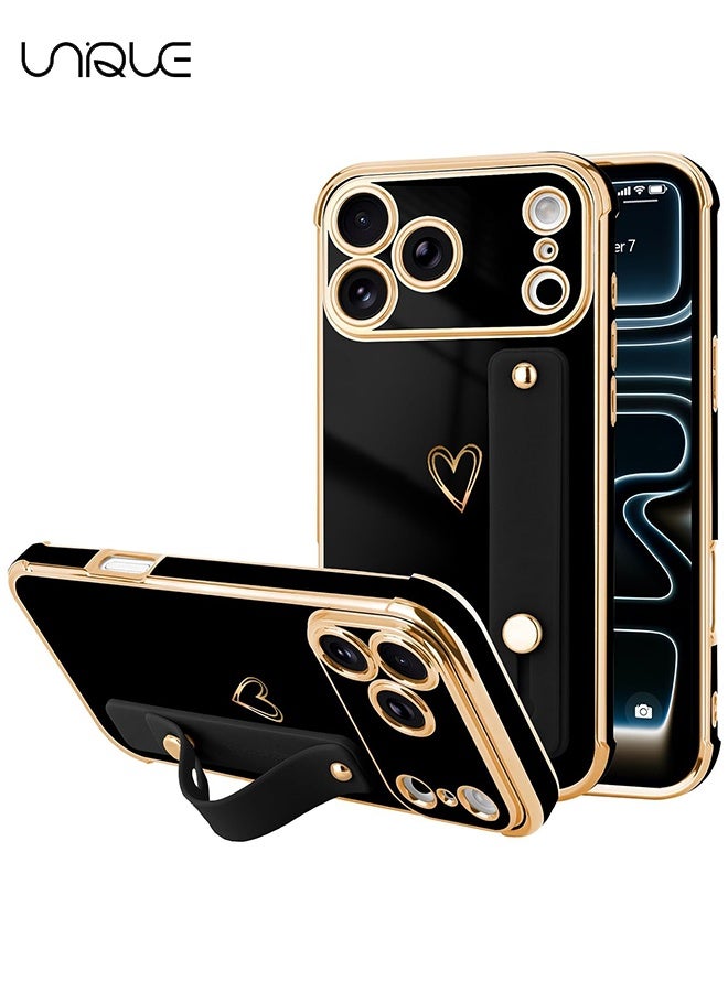 يونيك متوافق مع غطاء iPhone 17 Pro - حزام معصم قابل للتعديل مع حامل - واقي فاخر مطلي بالذهب بشكل قلب لطيف - حواف مرتفعة للحماية من الصدمات لهاتف iPhone 17 Pro - غطاء واقٍ للنساء والرجال - أسود - Image 1