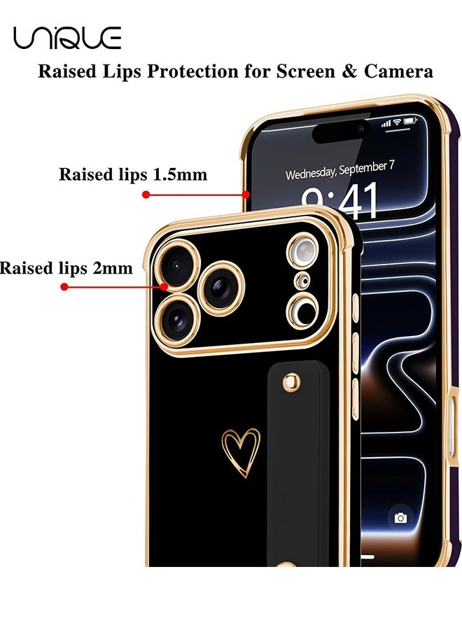 يونيك متوافق مع غطاء iPhone 17 Pro - حزام معصم قابل للتعديل مع حامل - واقي فاخر مطلي بالذهب بشكل قلب لطيف - حواف مرتفعة للحماية من الصدمات لهاتف iPhone 17 Pro - غطاء واقٍ للنساء والرجال - أسود - Image 3