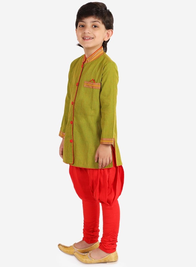 Twisha Boys Cotton Stripe Button Down Kurta & Pyjama Set - Green & Red - Image 2