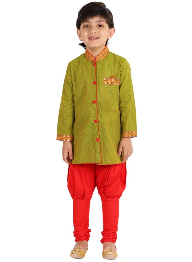 Twisha Boys Cotton Stripe Button Down Kurta & Pyjama Set - Green & Red - Image 1