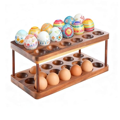 Linwnil Acacia Wood Egg Holder for 36 Eggs Rustic Countertop and Refrigerator Storage Tray Farmhouse Kitchen Organizer with 15 Holes Easy Clean Deviled Plates for Easter Decor115 x 575 2 - Image 1