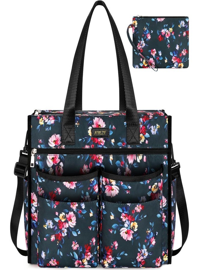ITIEZY Utility Tote Bag for Women 18 Pockets Teacher Work Bag with Top Zipper, 16" Laptop Tote Bag for Office/Travel/Work, B9-flower, Large - Image 1