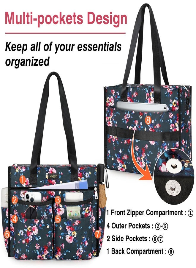 ITIEZY Utility Tote Bag for Women 18 Pockets Teacher Work Bag with Top Zipper, 16" Laptop Tote Bag for Office/Travel/Work, B9-flower, Large - Image 4
