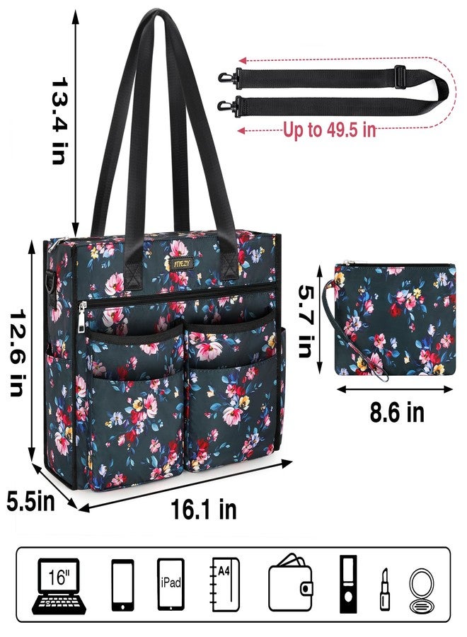 ITIEZY Utility Tote Bag for Women 18 Pockets Teacher Work Bag with Top Zipper, 16" Laptop Tote Bag for Office/Travel/Work, B9-flower, Large - Image 3