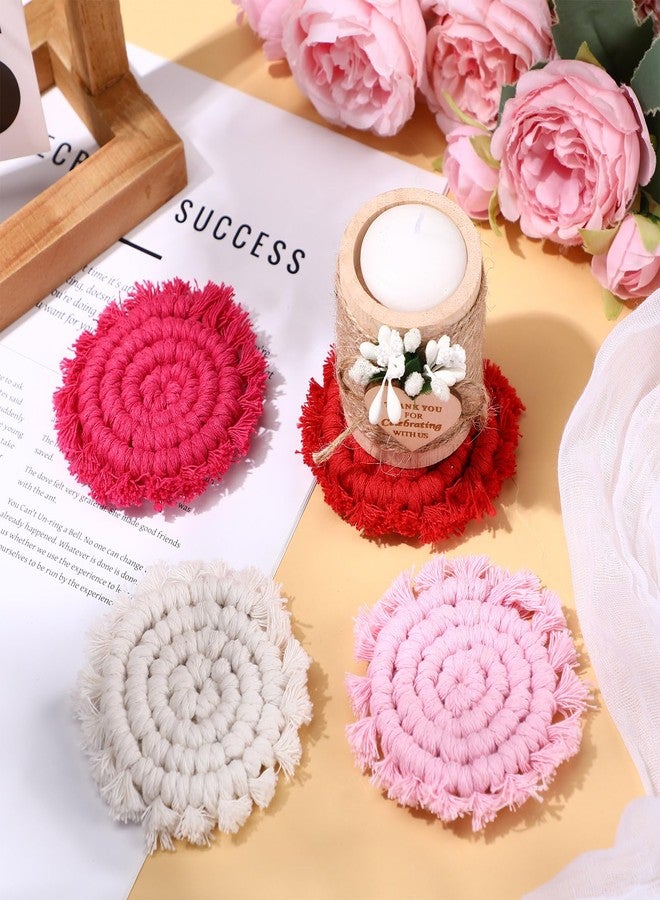 Mindsoft 4 Pcs Pink Cotton Car Coasters for Cup Holders Drink Coaster Holder Handmade White Red Pink Rose Red Woven Coaster Accessories with Tassel Cute Cup Holders Absorbent Car Decor - Image 5
