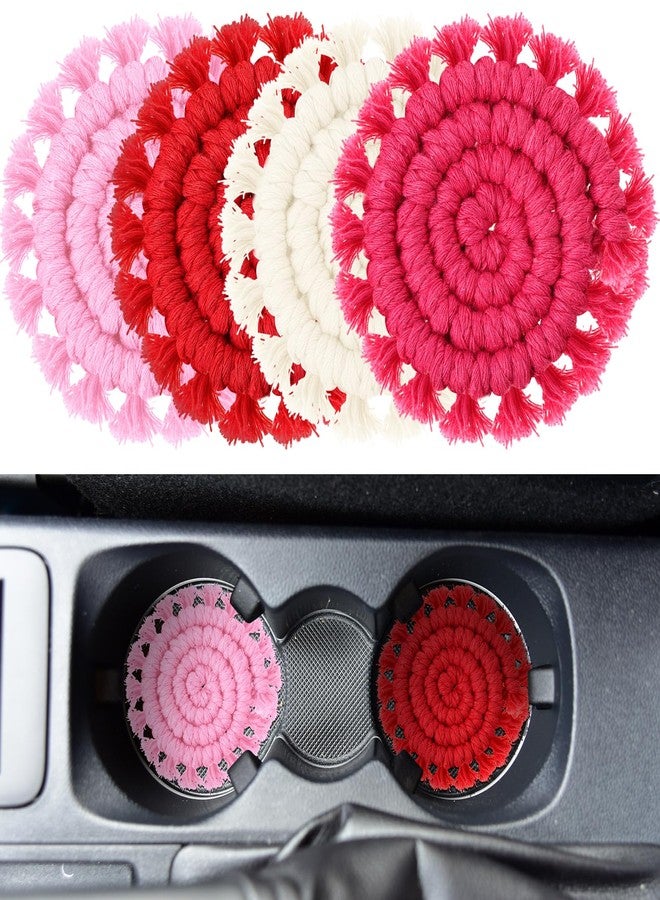 Mindsoft 4 Pcs Pink Cotton Car Coasters for Cup Holders Drink Coaster Holder Handmade White Red Pink Rose Red Woven Coaster Accessories with Tassel Cute Cup Holders Absorbent Car Decor - Image 1