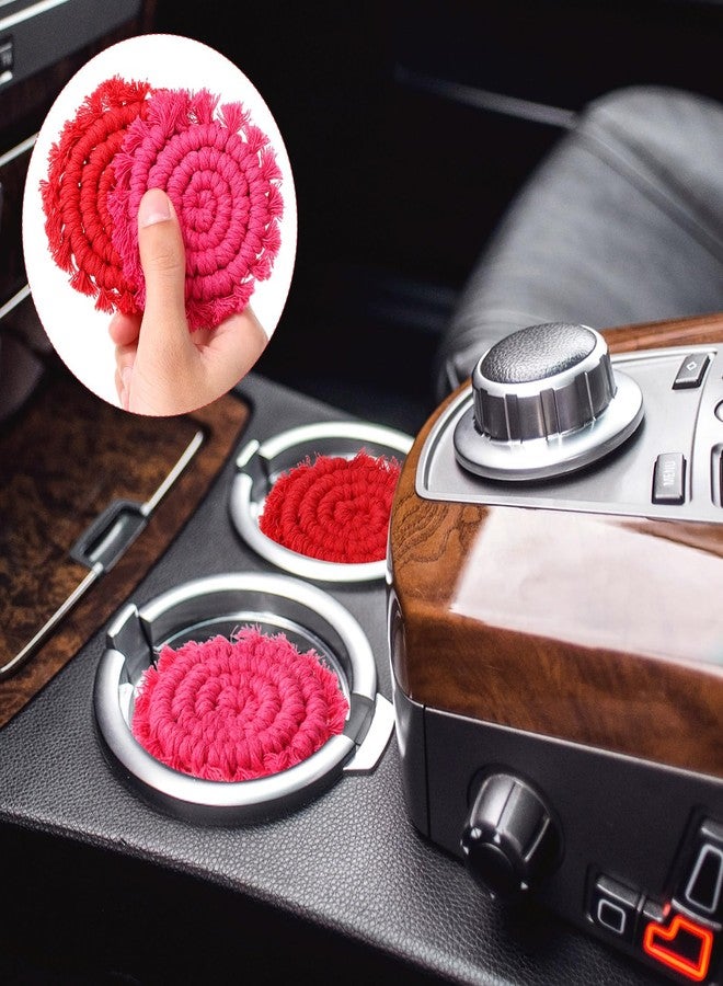 Mindsoft 4 Pcs Pink Cotton Car Coasters for Cup Holders Drink Coaster Holder Handmade White Red Pink Rose Red Woven Coaster Accessories with Tassel Cute Cup Holders Absorbent Car Decor - Image 2