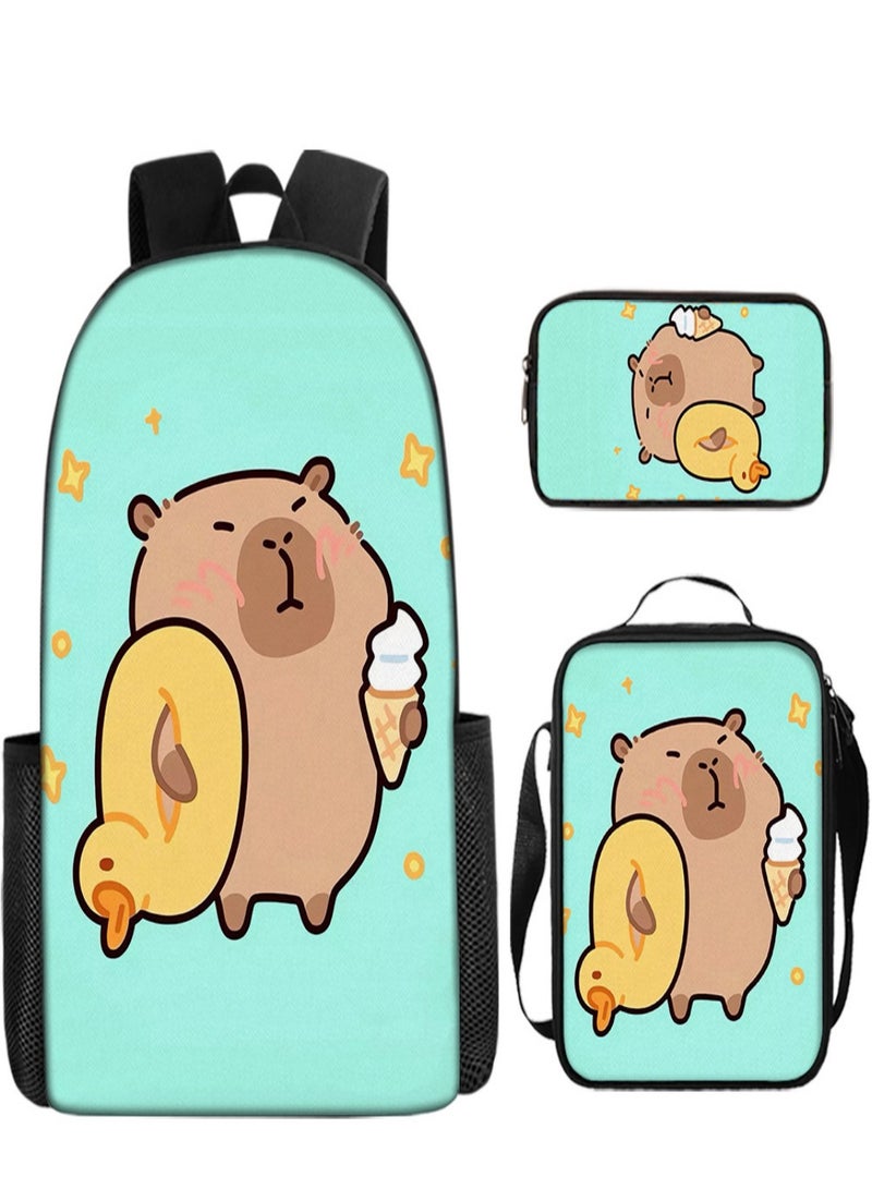 Capybara Children Backpack Schoolbag Teen Student School Book bag with Lunch Box Pen Case 3 in 1 for Kids
