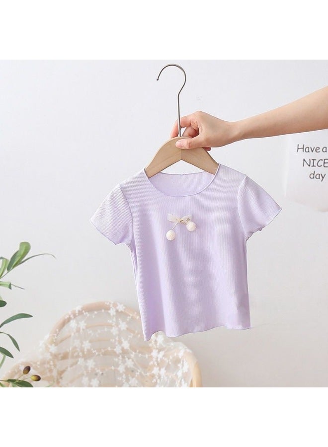 New Summer Girls Versatile Short-sleeved Sweet Macaron Summer Ice Silk Thin Tops For Small And Medium-sized Children