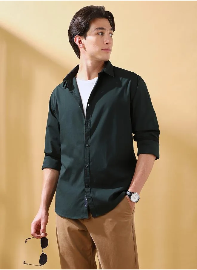 Dennis Lingo Men's Bottle Green Cotton Blend Solid Button Down Regular Fit Shirt