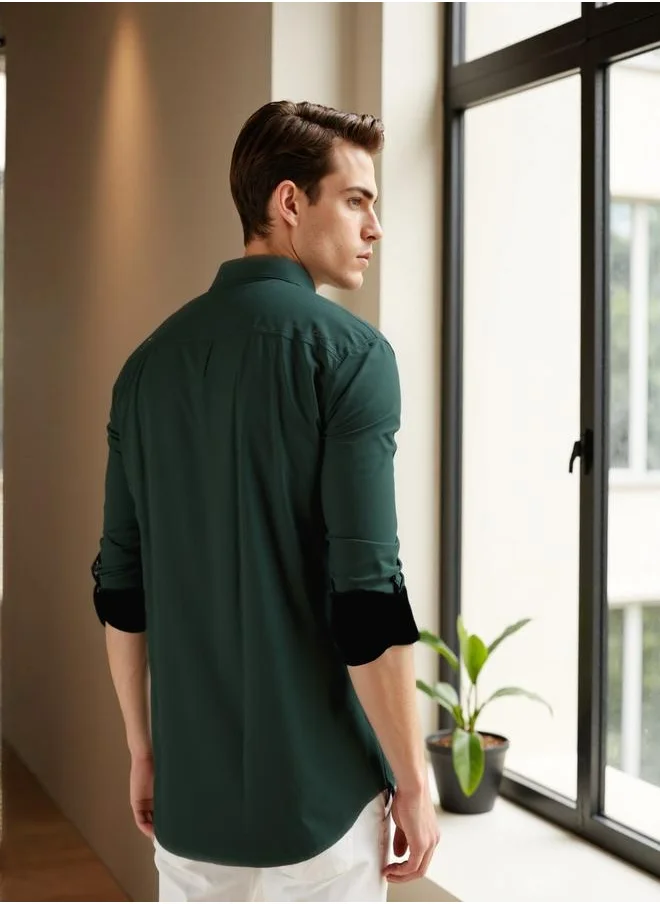 دينيس لينغو Men's Bottle Green Cotton Blend Solid Button Down Regular Fit Shirt
