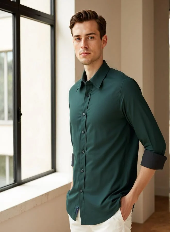 Dennis Lingo Men's Bottle Green Cotton Blend Solid Button Down Regular Fit Shirt