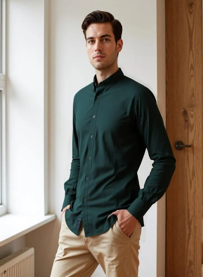 Dennis Lingo Men's Bottle Green Cotton Blend Solid Button Down Regular Fit Shirt
