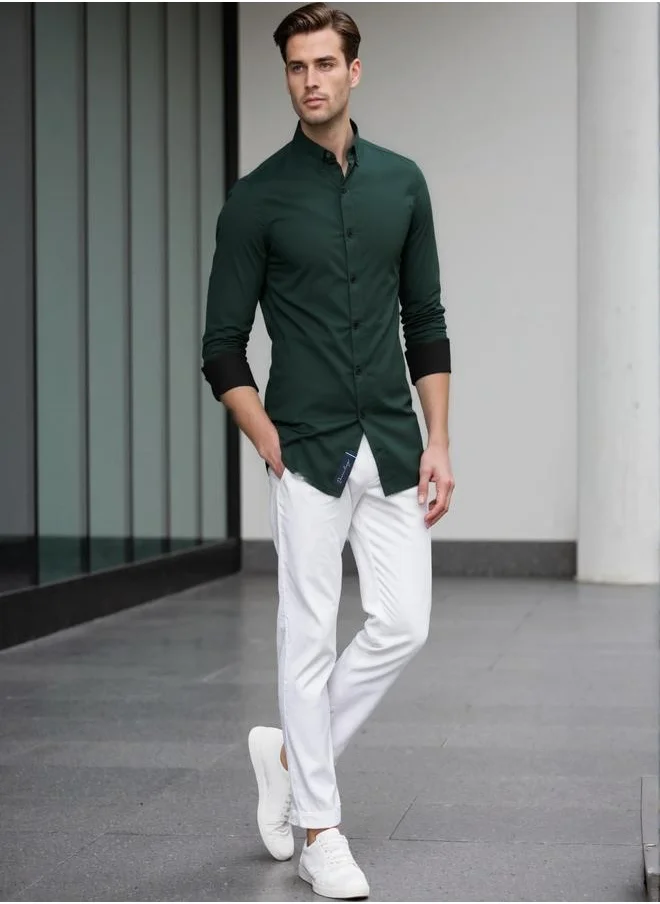 دينيس لينغو Men's Bottle Green Cotton Blend Solid Button Down Regular Fit Shirt