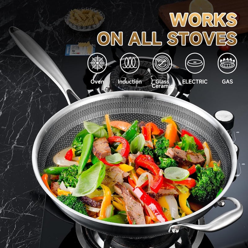 LOLYKITCH 14.5 Inch Nonstick Tri-Ply Stainless Steel Wok with Steel Lid, Large Flat Bottom Stir Fry Pan for Induction, Gas & Electric - PFOA Free, Dishwasher & Oven Safe, Detachable Handle - Image 4