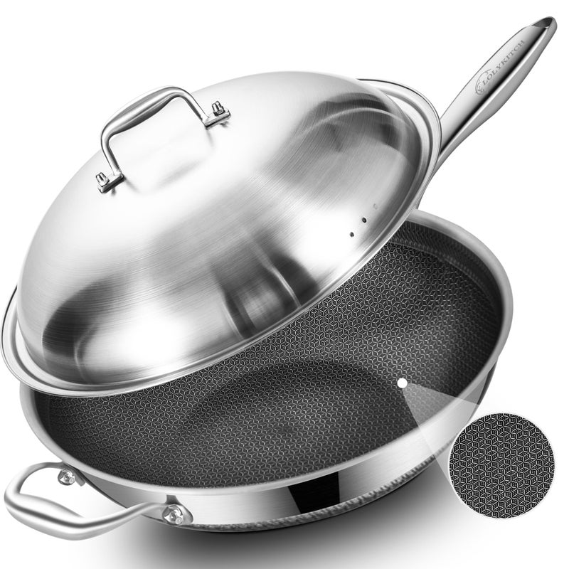 LOLYKITCH 14.5 Inch Nonstick Tri-Ply Stainless Steel Wok with Steel Lid, Large Flat Bottom Stir Fry Pan for Induction, Gas & Electric - PFOA Free, Dishwasher & Oven Safe, Detachable Handle - Image 1