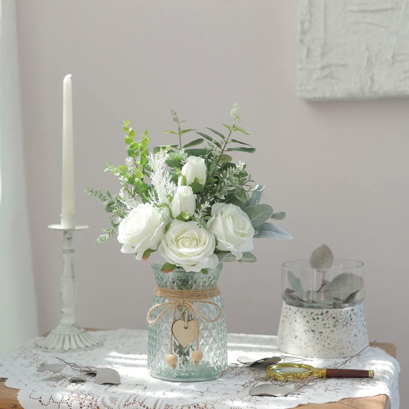 VIERENA Faux Flowers with Vase,Artificial Silk Roses in Vase, Fake Plant Eucalyptus Flower Arrangement for Home Office Farmhouse Bathroom Dining Table Centerpiece Decorations Coffee Table Decor (White) - Image 4