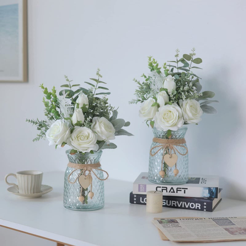 VIERENA Faux Flowers with Vase,Artificial Silk Roses in Vase, Fake Plant Eucalyptus Flower Arrangement for Home Office Farmhouse Bathroom Dining Table Centerpiece Decorations Coffee Table Decor (White) - Image 5