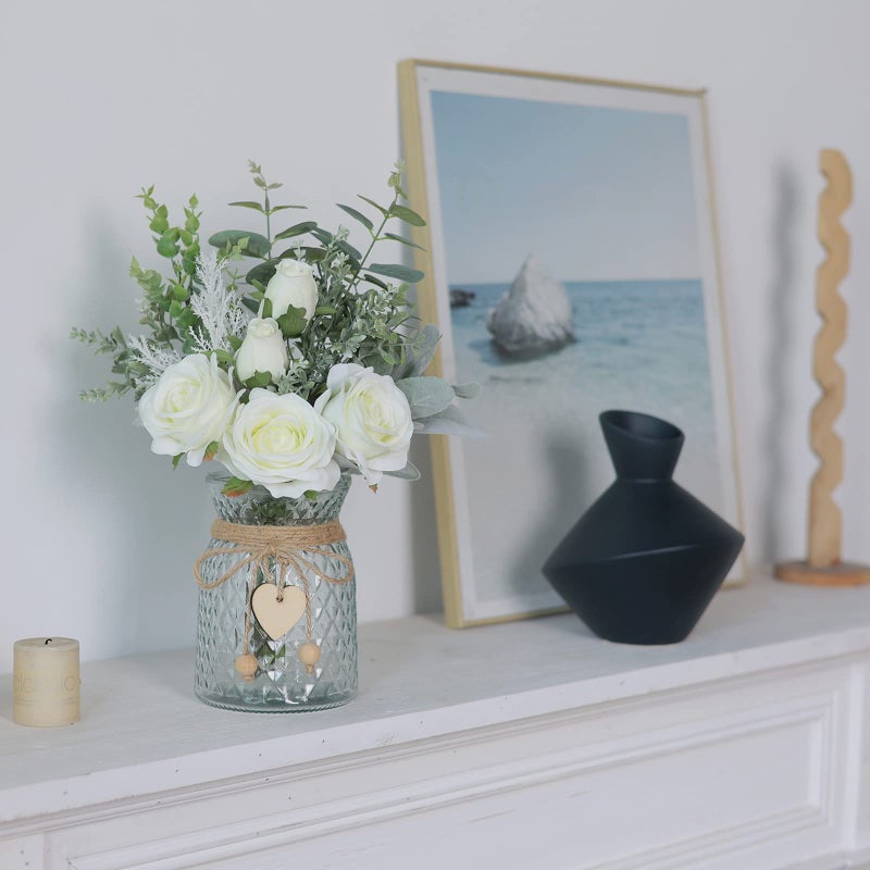 VIERENA Faux Flowers with Vase,Artificial Silk Roses in Vase, Fake Plant Eucalyptus Flower Arrangement for Home Office Farmhouse Bathroom Dining Table Centerpiece Decorations Coffee Table Decor (White) - Image 3