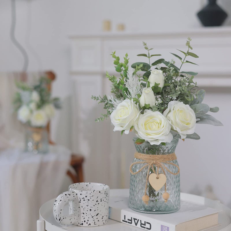 VIERENA Faux Flowers with Vase,Artificial Silk Roses in Vase, Fake Plant Eucalyptus Flower Arrangement for Home Office Farmhouse Bathroom Dining Table Centerpiece Decorations Coffee Table Decor (White) - Image 2