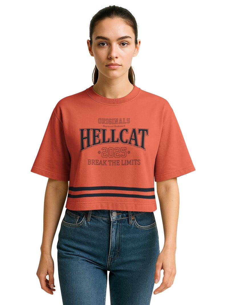 HELLCAT Oversized Crop Tshirt for Woman | Women's Half Sleeve Oversized Tshirt_Orange_Small - Image 1