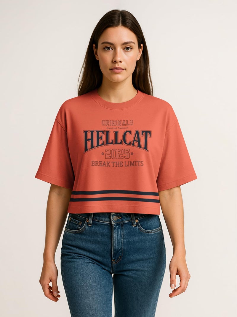 HELLCAT Oversized Crop Tshirt for Woman | Women's Half Sleeve Oversized Tshirt_Orange_Small - Image 2