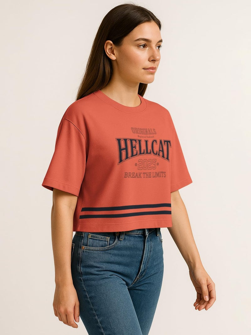 HELLCAT Oversized Crop Tshirt for Woman | Women's Half Sleeve Oversized Tshirt_Orange_Small - Image 5