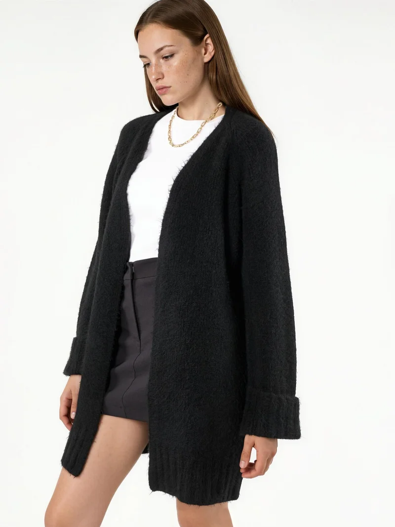 هيكاب Long Ribbed Knit Cardigan with Open Collar