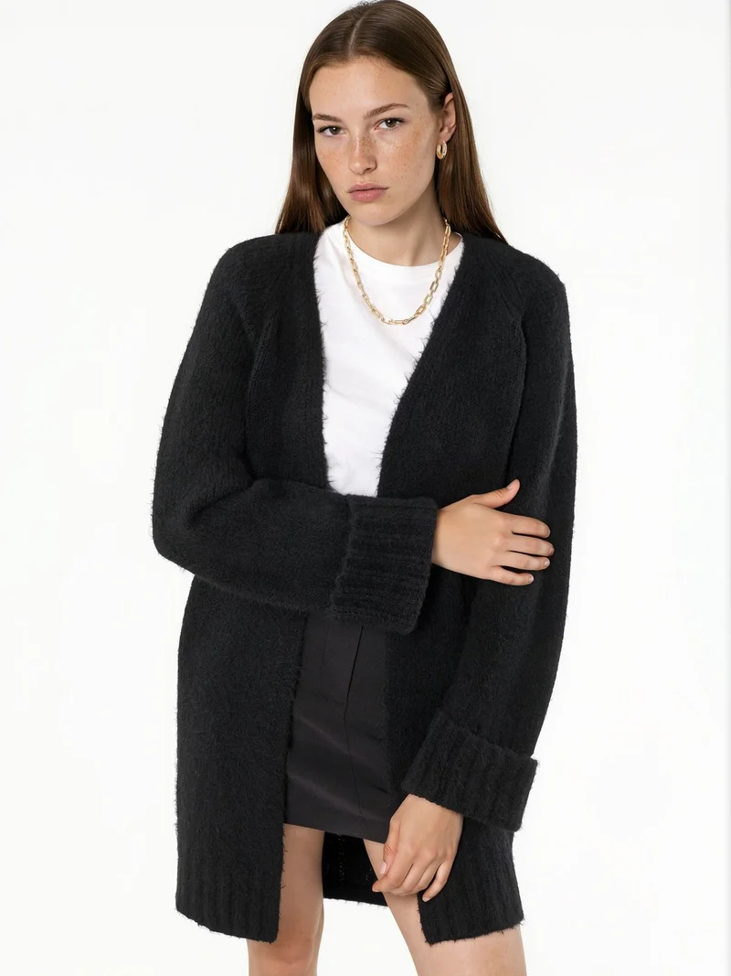 هيكاب Long Ribbed Knit Cardigan with Open Collar