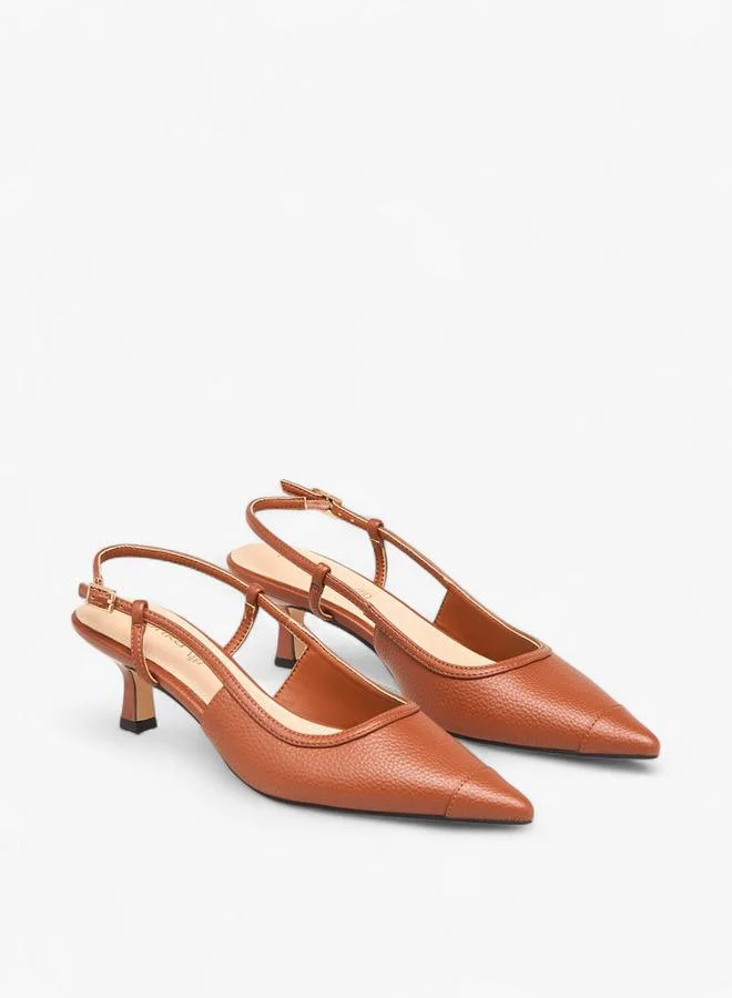 Paprika Textured Pointed Toe Shoes with Buckle Closure and Kitten Heels