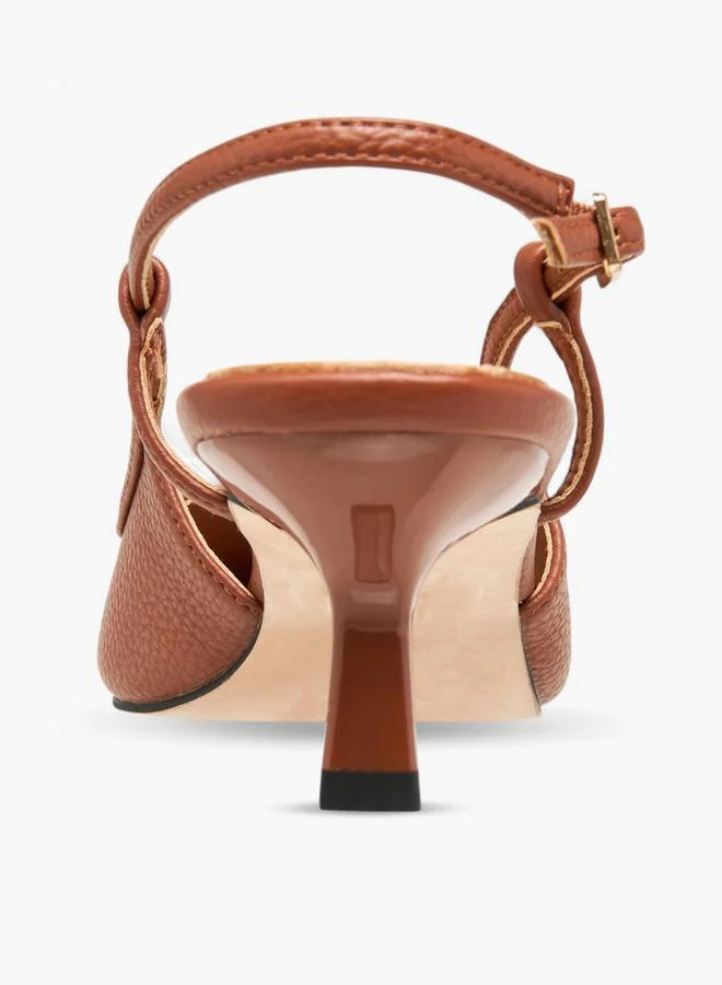 Paprika Textured Pointed Toe Shoes with Buckle Closure and Kitten Heels