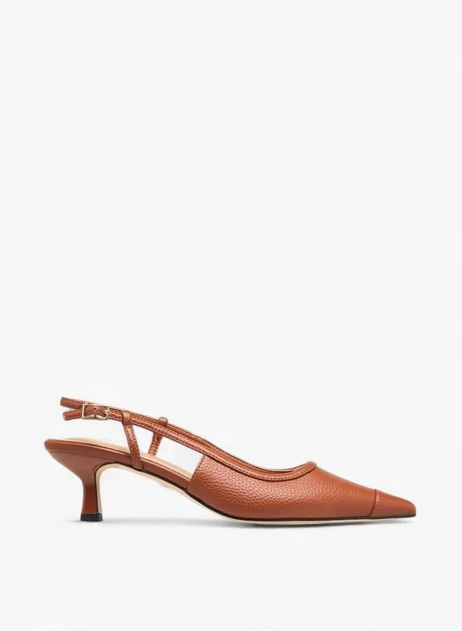 Paprika Textured Pointed Toe Shoes with Buckle Closure and Kitten Heels
