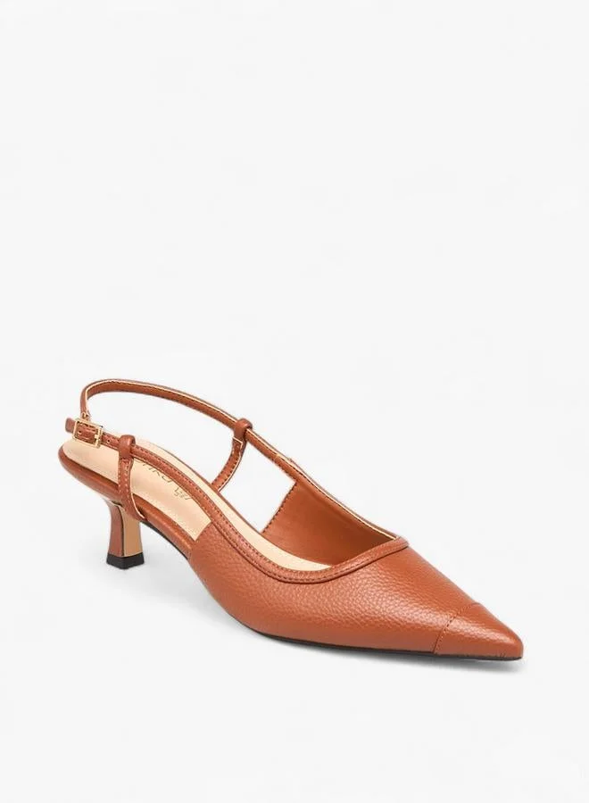 Paprika Textured Pointed Toe Shoes with Buckle Closure and Kitten Heels